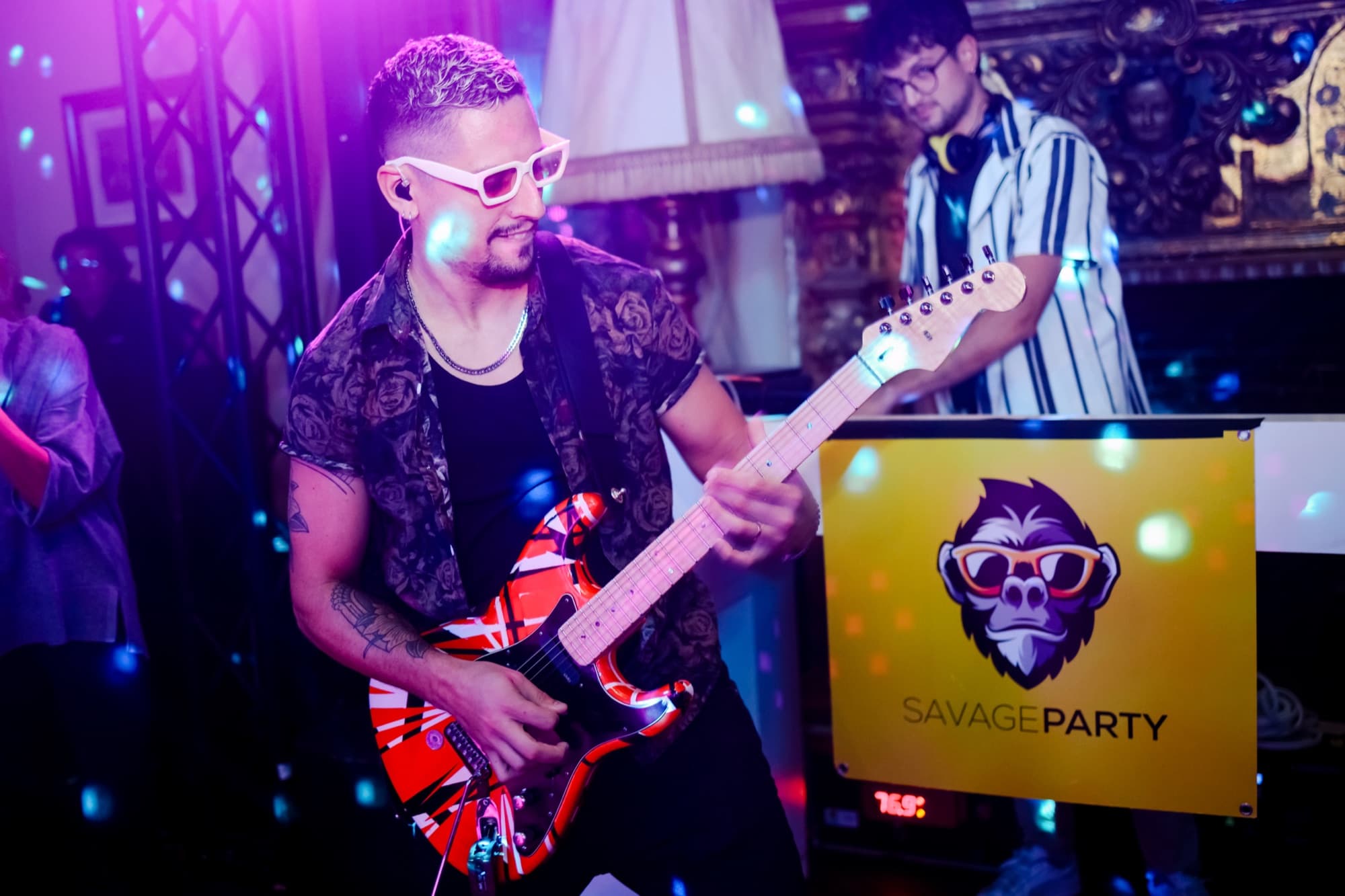 Destination wedding dancefloor in Spain lit up during a Savage Party DJ and live band set