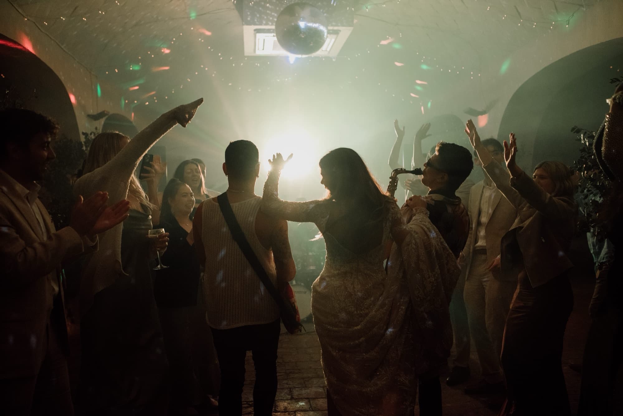 Dancefloor at a Balearic Islands villa wedding during a DJ and live band set